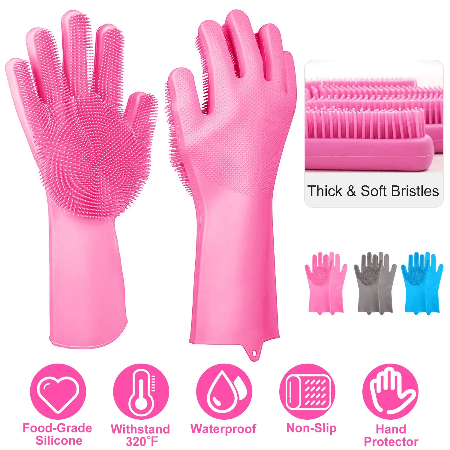 1 Pair Silicone Brush Dishwashing Gloves Cleaning Sponge Pet Scrubber Heat Resistant Wash Gloves